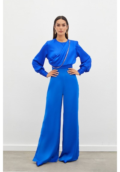 Sateen Ön Zincirli Saten Bluz - Sax Mavi