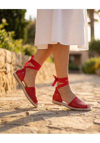Futsishoes Peony Modern Bilekten Bağlama Kırmızı Hakiki Deri Kadın Espadril