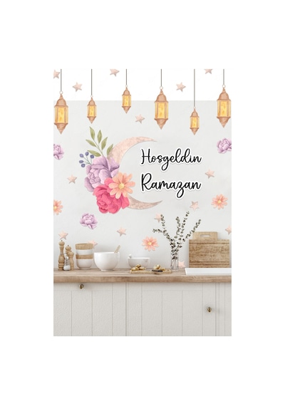 Hoşgeldin Ramazan Çiçekler Soft Renkli Fenerler Cam Duvar Sticker Seti Ramazan Süsü Çok Renkli