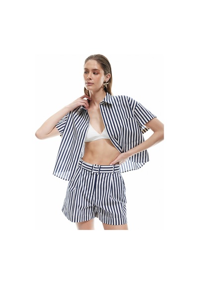 Koton Pamuklu Cepli Kemerli Mini Poplin Şort Lacivert Çizgili 5sak40417pw 7s2