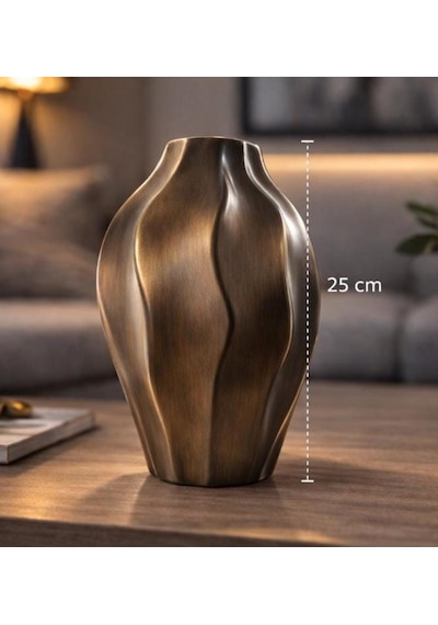 Dalgalı Model El Yapımı Özel Seri Seramik Vazo 25cm Koyu Kahverengi