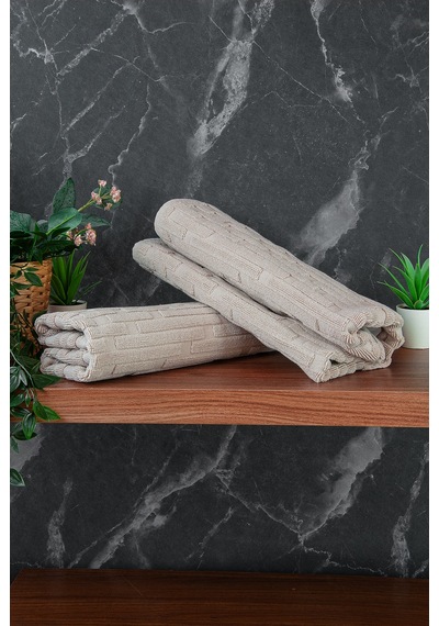 Tuğla Desenli 2li Ayak Havlusu - 50x70 Cm - Su Emici Banyo Paspası Seti - Krem Krem