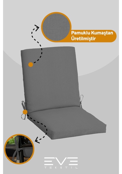 Eve Tekstil Bahçe - Salon - Balkon Arkalıklı Fermuarlı Bağlanabilir Yıkanabilir Sandalye Minderi 8 Adet Gri