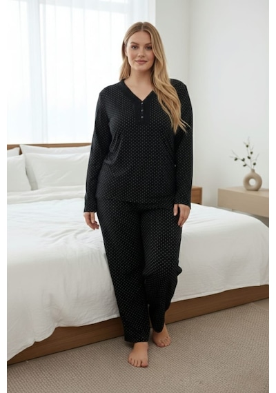 Eyfuze Kadın Büyük Beden Desenli Yakası Düğmeli Uzun Kollu Bambu Pijama Takımı Siyah