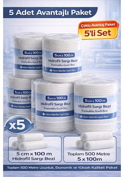 5 Cm X 100 M Hidrofil Sargı Bezi Pamuklu Gazlı Bez Yüksek Emici Sargı Bezi 5 Adet