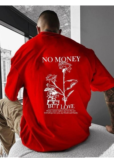 No Money Baskılı Oversize Tişört Kirmizi