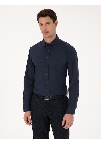 Cacharel Lacivert Slim Fit %100 Pamuk Yakası Düğmeli Flanel Gömlek