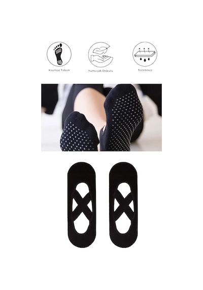 2 Adet Kadın Kaydırmaz Tabanlı Yoga Pilates Fitness Dans Ve Spor Çorabı Siyah