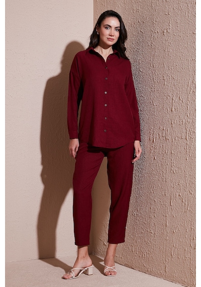 Lela Keten Karışımlı Regular Fit Lastikli Bel Uzun Kollu Alt Üst Bayan Takım 6696622 Bordo Lela Keten Karışımlı Regular Fit Lastikli Bel Uzun Kollu Alt Üst Bayan Takım 6696622 Bordo