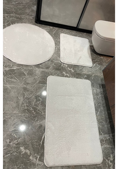 3'lü Yıkanabilir Post Beyaz Banyo Halısı Peluş Klozet Takımı 80x80 Yuvarlak + 50x60 Ve 60x100 Klozet Beyaz