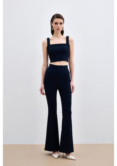 Sateen Kare Yaka Crop Bluz - Lacivert-135612 Lacivert