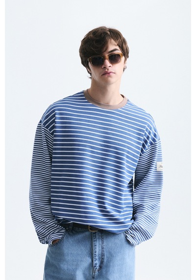 Vamos Kontrast Yaka Çizgili Sweatshirt Ekru-ındigo