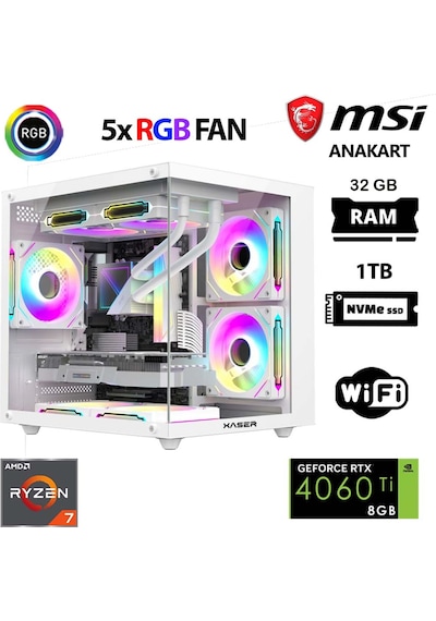 Xaser Cube X80 R7-5700X 32 GB 1 TB M.2 Nvme SSD 8 GB RTX5060Tİ Free Dos Masaüstü Oyuncu Bilgisayarı
