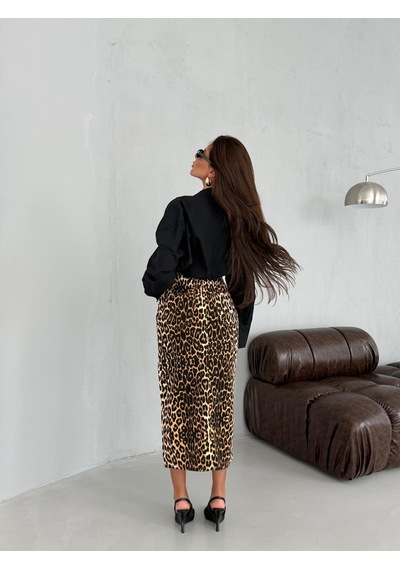 Herton Yırtmaçlı Leopar Desenli Midi Boy Denim Etek - %100 Pamuklu ÇoK Renkli