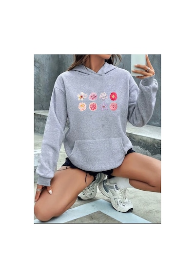 Herkesemoda Çiçekler Baskılı İçi Polarlı Kapüşonlu Sweatshirt Gri