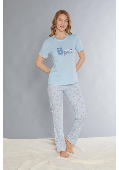 Dowry Kısa Kol Pijama Takım Sevimli Desenli Yazlık Viskon Pijama Dowry 08-127 Mavi