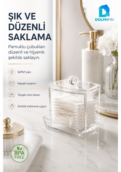 Şeffaf Kapaklı Kulak Çubuğu Ve Pamukluk Banyo Makyaj Organizer Kutusu
