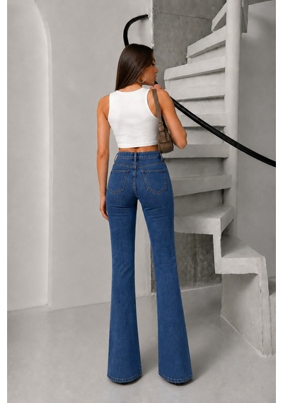 Bluemarlin Mavi Likralı Esnek Paça Yırtmaçlı İspanyol/flare Denim Pantolon Mavi