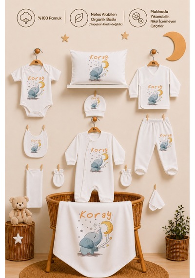 Pia Baby Erkek Bebek Hastane Çıkışı 11'li Yenidoğan Set %100 Pamuk İsme Özel Organik Baskılı 206811yx Ekru
