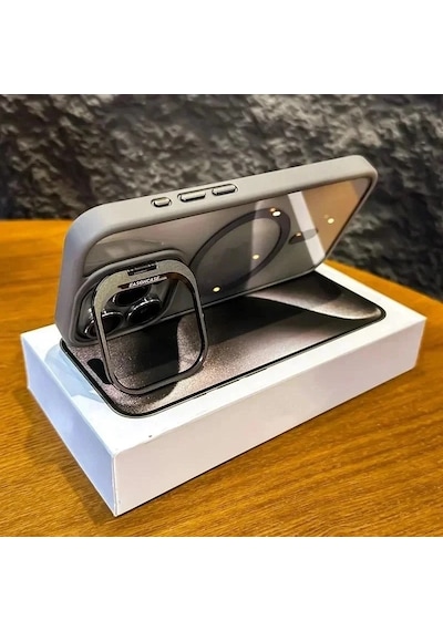 İphone 16 Pro Max Uyumlu Kılıf Klon Stantlı + Lens Korumalı Magsafe Telefon Kılıfı Açık Mavi
