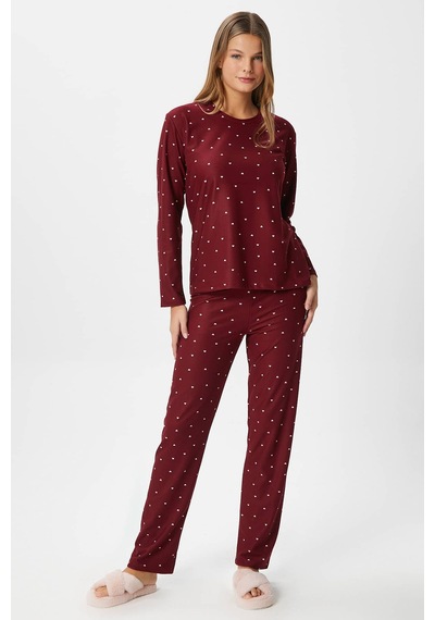 Ritnice Kadın Ely Premium Bisiklet Yaka Bordo Kalp Süet Doku Yılbaşı Pijama Takımı Bordo