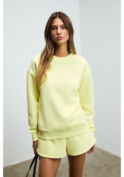 Grımelange Jennıfer Kadın Organik Pamuklu Nakışlı Yuvarlak Yakalı Oversize Sarı Sweatshirt