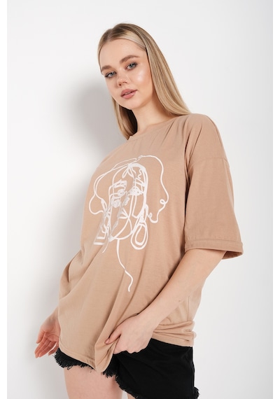 Flood Of Style Kadın Çizgili Figür Oversize Vizon T-shirt Bej
