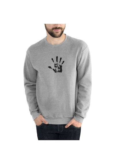 Kurukafa El Baskılı Gri Melanj Erkek Örme Sweatshirt