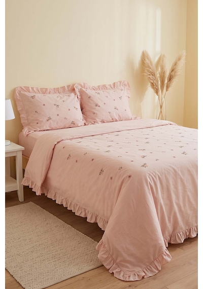 Pembe Daisy Glow Çift Kişilik %100 Pamuklu Nevresim Takımı - 4 Parça