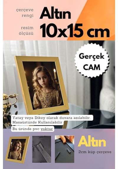 Fırçalı Altın-20mm Çerçeve Camlı 10x15 Cm Fotoğraf Resim Çerçevesi Ayaklı Veya Duvara Asma Yatay-dikey 42322284
