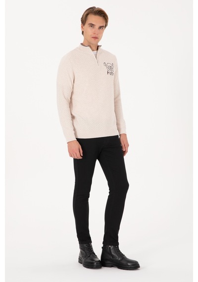 U.S. Polo Assn. Erkek Slim Fit Yarım Fermuarlı Krem Melanj Kazak 50314155-VR159