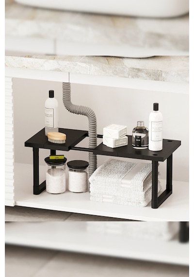 İndecor Houseware Plastik Genişletilebilir Raf Ayarlanabilir Düzenleyici Mutfak Banyo Düzenleyici - Tek Katlı - Siyah