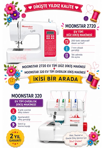 Moonstar 2720 Ev Tipi Düz Dikiş Makinesi + 320 Ev Tipi Overlok Dikiş Makinesi Beyaz