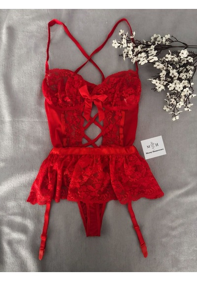 Mh Moony Homewears Fernanda Kırmızı Jartiyer Takımı Kırmızı