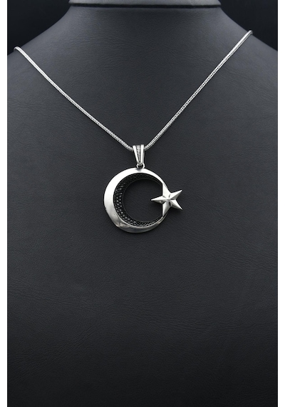 Ay Yıldızlı Ay Yıldız 925 Ayar Gümüş Kolye Zincir Siyah Mikro Taş Süslemeli 901262