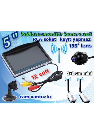 5 İnç Ekran Kablosuz 19 Mm. Mini Kamera 12 Volt Kayıt Yapmaz