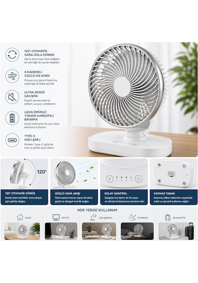 Masaüstü Vantilatör 120 Otomatik Döner Başlık 4 Kademeli Hız Sessiz Mini Fan, Taşınabilir, Uzun Süre Kullanım, Ofis & Ev İçin
