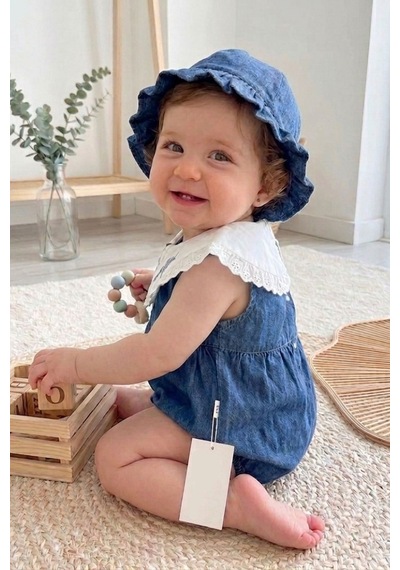 Cantoy Nakışlı Bebe Yaka Kot Bebek Tulumu Ve Şapka Takımı Koyu Mavi