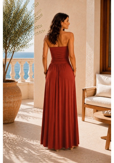 Mixxtrend Kadın Straplez Cepli Maxi Boy Viskon Elbise Bordo