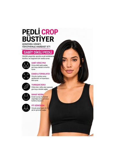 Mrm Pro Kadın Siyah Spor Crop Sütyen Pedli Destekli Toparlayıcı Büstiyer Siyah Siyah