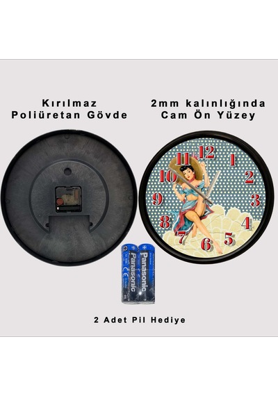 Retro Pin-up Kadın Tasarımlı Dekoratif Duvar Saati 28 Cm Sessiz Mekanizma Çok Renkli