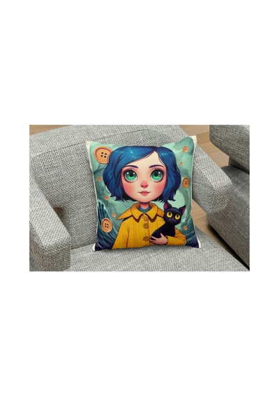 Düğmeli Kız Ve Kedicik Desenlı Kare Yastık Kılıfı Çok Renklı