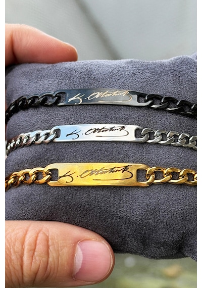 K. Atatürk İmzalı Unisex Kadın Erkek Paslamnaz Çelik Bileklik Scb90 Siyah