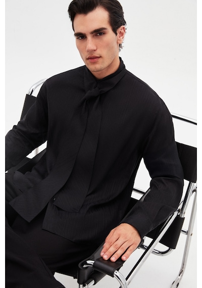 Twn Relaxed Siyah Düz Tencel Gömlek 5ec02sg24350m 001