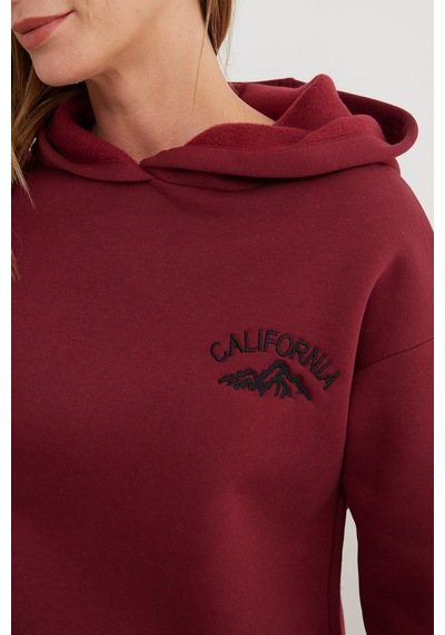 Fullamoda 3 İplik California Nakışlı Kapüşonlu Jogger Eşofman Takımı Bordo