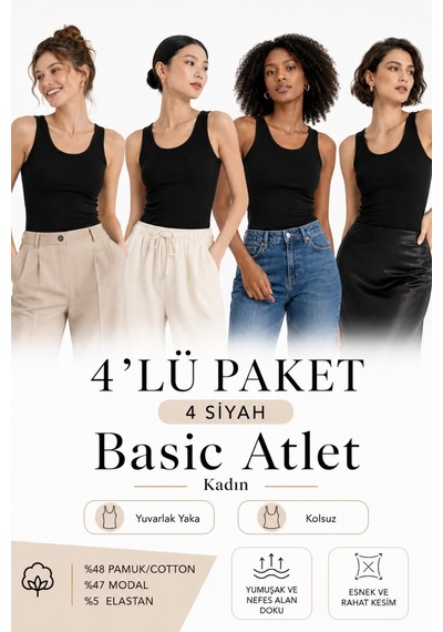 Loule Kadın 4'lü Kalın Askılı Atlet Siyah Modal Pamuk