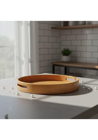 Ayrex Taşıma Kulplu Yuvarlak Bambu Tepsi 30 Cm Doğal Ahşap Servis Tepsisi Kahve, Kahvaltı Ve Dekoratif Masaü