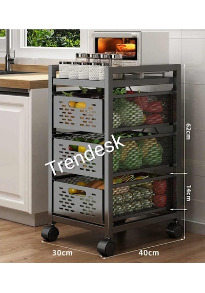 Trendesk 3 Katlı Metal Siyah Çok Amaçlı Patates Soğan Sebze Meyve Sepeti Sebzelik Tekerlekli