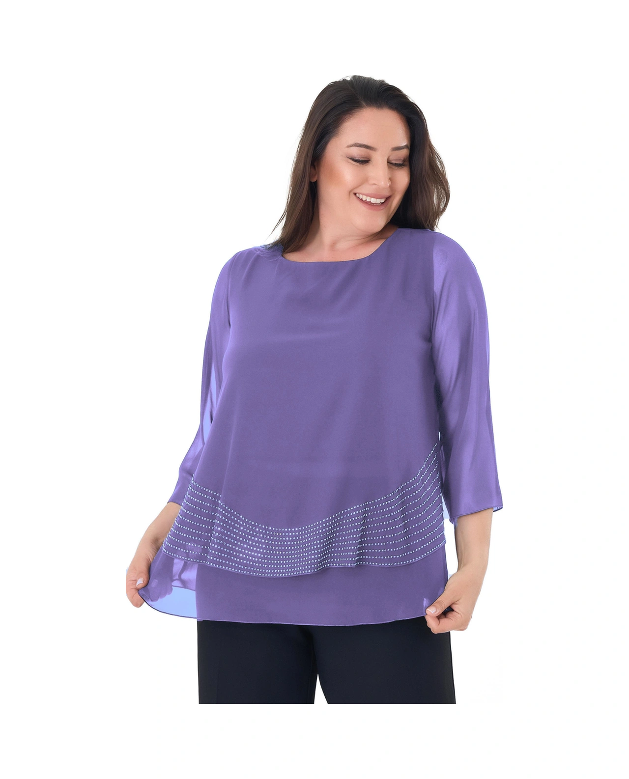 Lilas Xxl Büyük Beden Lila Renkli Şifon Abiye Bluz Lila Desen