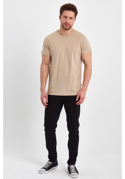 Erkek Sıfır Yaka Tshırt Oxford Tan